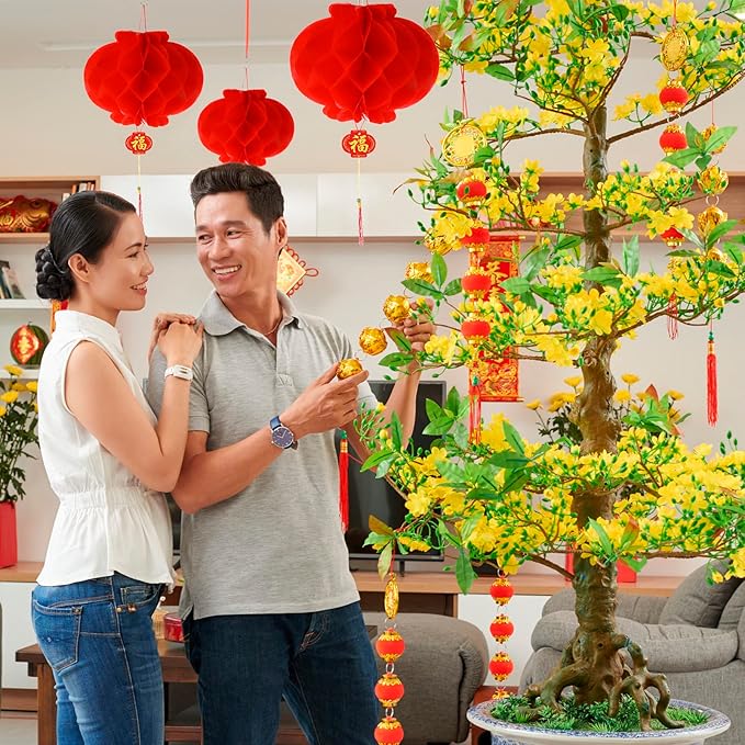 Tuanse 30 Pcs Chinese Japanese Paper Lanterns with LED Light, 2026 Chinese Lunar New Year Decoration Cherry Blossom Red Hanging Lanterns for Spring Festival Home Decor(12 Inch,Red)