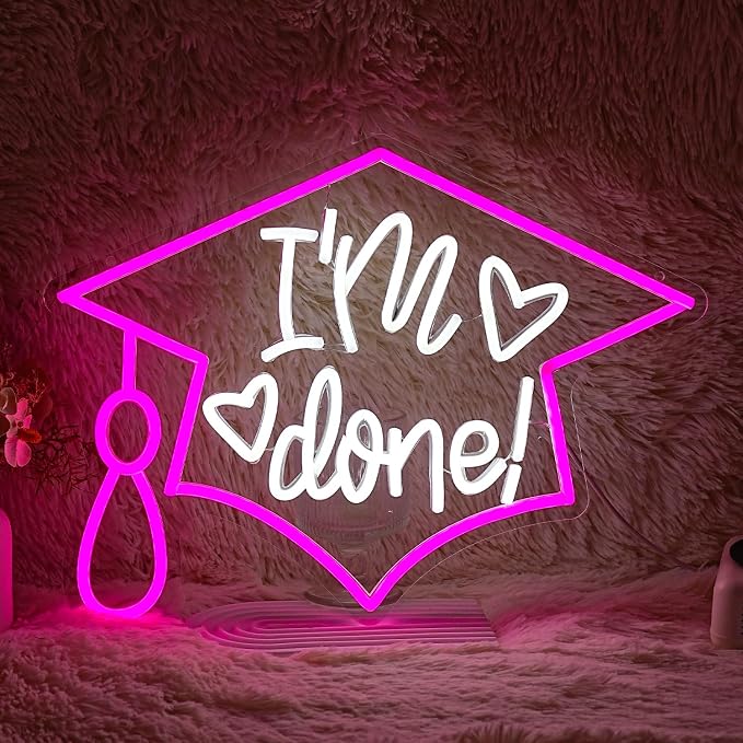 I’m Done Neon Sign LED Bachelor's Cap Light Sign Dimmable Graduation Decor Neon Light USB Powered Congrats Neon Light for Commencement School Graduation Party Wall Decor(16.5 * 12.6 In)