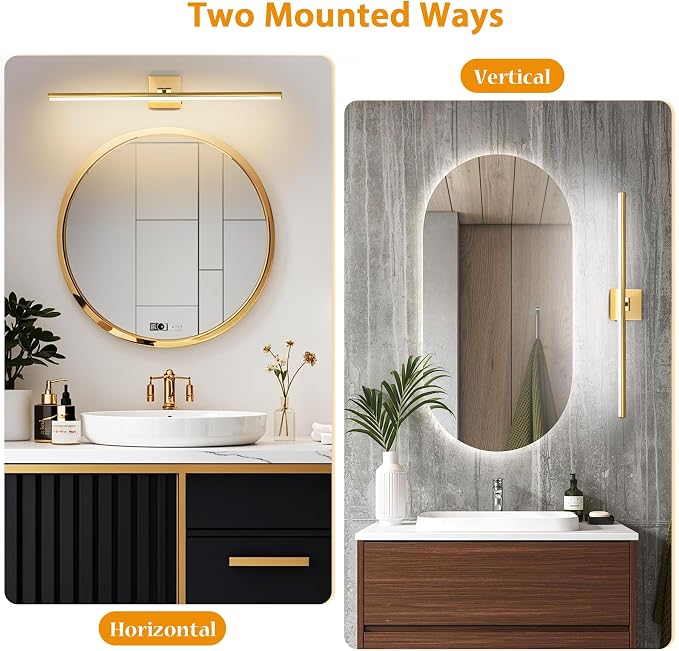 LED Bathroom Vanity Light, Modern Bathroom Light Fixture Over Mirror (3000K/4000K/6000K, Dimmable), Vanity Light Bar with Angle Adjustable, 32 Inch, Brass