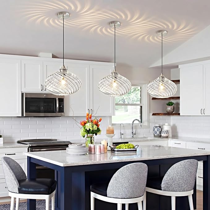 11in Nickel Pendant Lights Kitchen Island with Clear Glass Shade 1Pack | Handcrafted Glass Pendant Light Fixtures, UL Certified, E26 Base 100W Max, Height-Adjustable, Dimmable Hanging Pendant Light