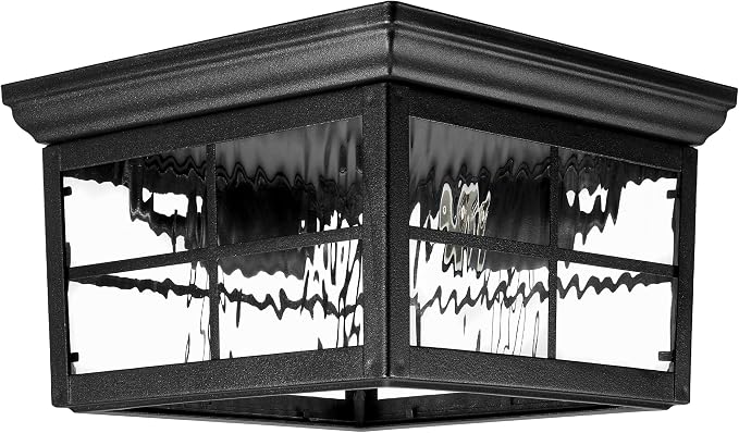 Maxxima Outdoor Flush Mount Ceiling Light Fixture, Black with Water Glass | Square Farmhouse Porch or Patio Light, Close to Ceiling Entryway, Bulbs Not Included, 2-Light, E26