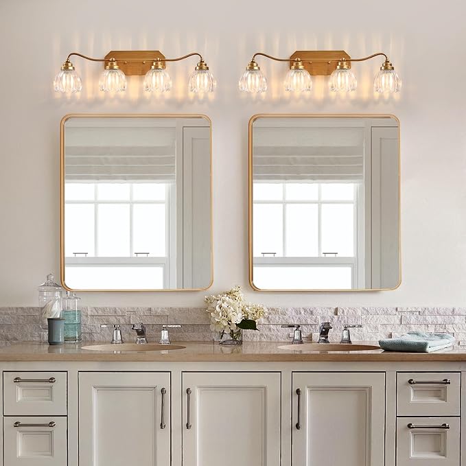 4 Light Gold Vintage Vanity Lights, Antique Brass Finish | Clear Tulip Crystal Shades,Brushed Gold Bathroom Light Fixtures, Wall Sconce Ideal for Bedroom, Hallway, Easy to Install