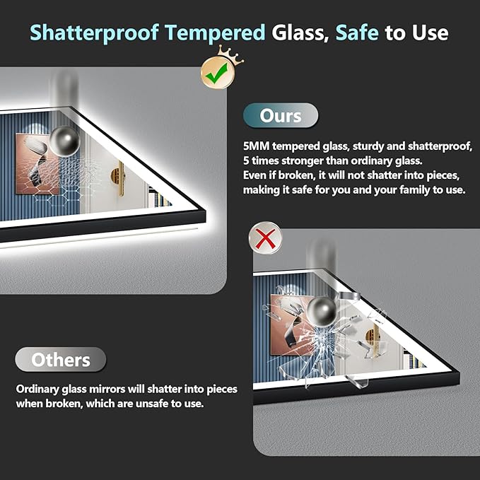 50x32 Black LED Bathroom Mirror, Backlit & Front Lit Lighted Mirror | Metal Framed Anti-Fog Vanity Mirror with Lights, 3 Color Dimmable, Memory, HD Tempered Glass, CRI95, UL Listed, Wall Mounted