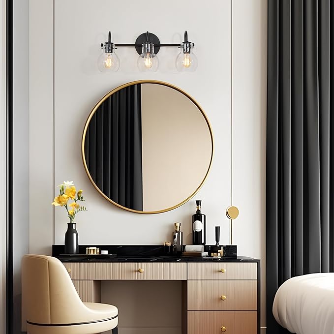 KSANA Black Bathroom Light Fixtures, 3-Light Modern Farmhouse Black Vanity Light with Clear Glass Shade Over Mirror for Hallway, Kitchen, Bedroom, and Living Room