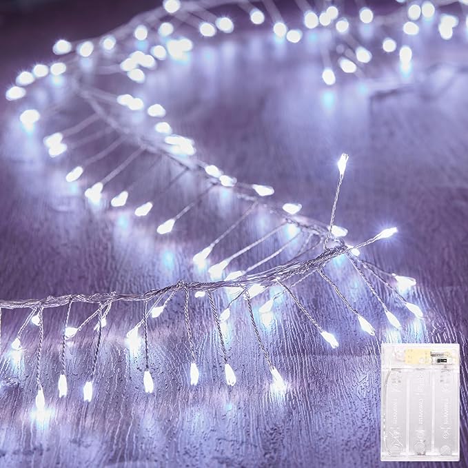 Fairy Lights Battery Operated, 10Feet 120LEDs Firecracker String Lights Waterproof Silver Wire Starry Firefly Light for DIY Wreath Home Wedding Indoor Outdoor Christmas Decorations, Pure White