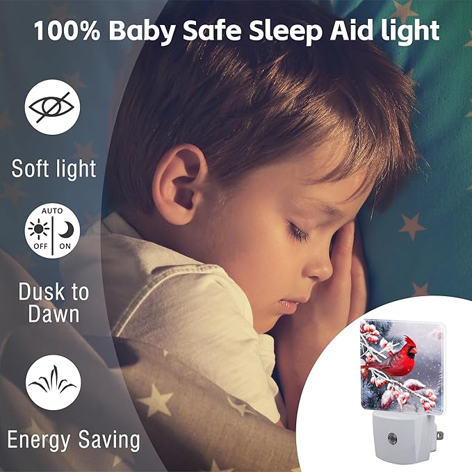Winter Red Cardinal Bird Night Light for Kids,Christmas Pine Tree Snow Cardinal Night Light Plug in with Dusk to Dawn Sensor,0.5w Energy Saving Nightlight for Hallway Stairway Kitchen Bedroom