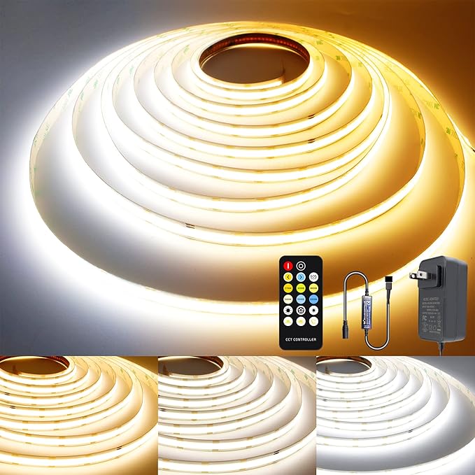 CCT COB LED Strip Lights Tunable White, 16.4ft Dimmable 2700K-6500K 24V Tunable White LED Strip Lights Set, High Density led Strips CRI 90+ UL-Listed Power Supply,for Bedroom Kitchen Home DIY Lighting