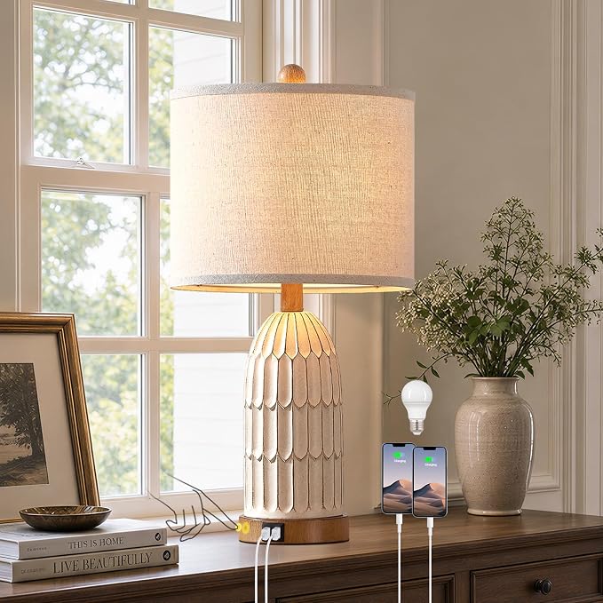 Touch Table Lamp for Bedroom Nightstand, Cream Farmhouse Vintage Rustic 3-Way Dimmable Bedside Lamps with 2 USB Charging Ports,Single Cream