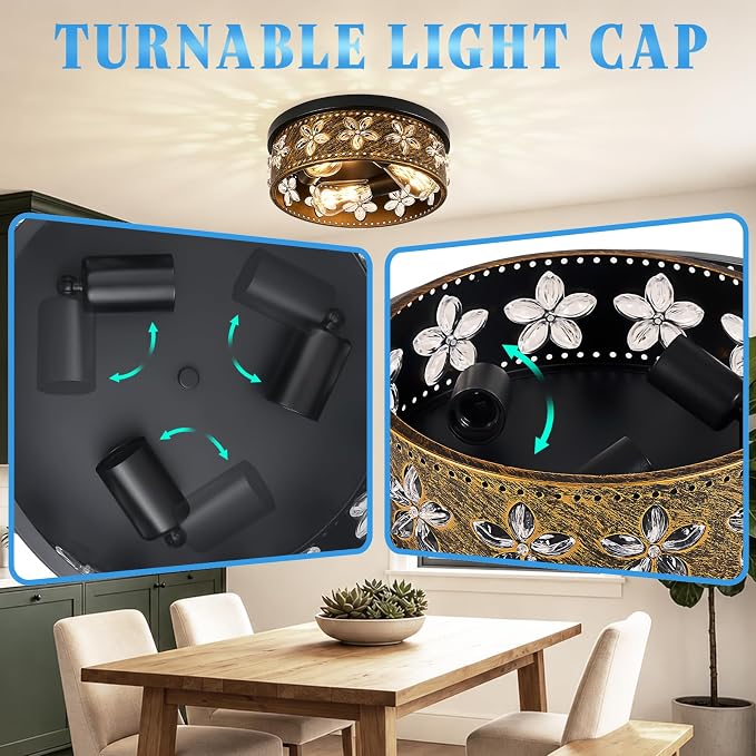 12.6 Inch Black Flush Mount Ceiling Light Fixture, 2 Pack | 3-Light, Flower, Farmhouse, Kitchen, Dining Room, Bedroom, Living Room, Foyer, Entryway
