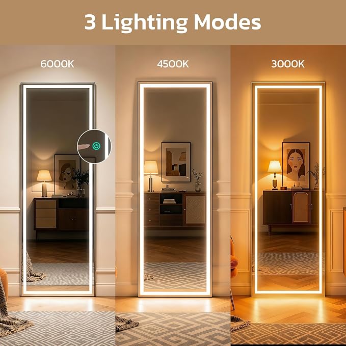 64"x21" Full Length Mirror with LED Lights, Hanging Mounted Mirrors, Aluminum Frame Mirrors with Dimming & 3 Color Lighting, Lighted Full Body Mirror for Bedroom, Dressing Room, Cloakroom