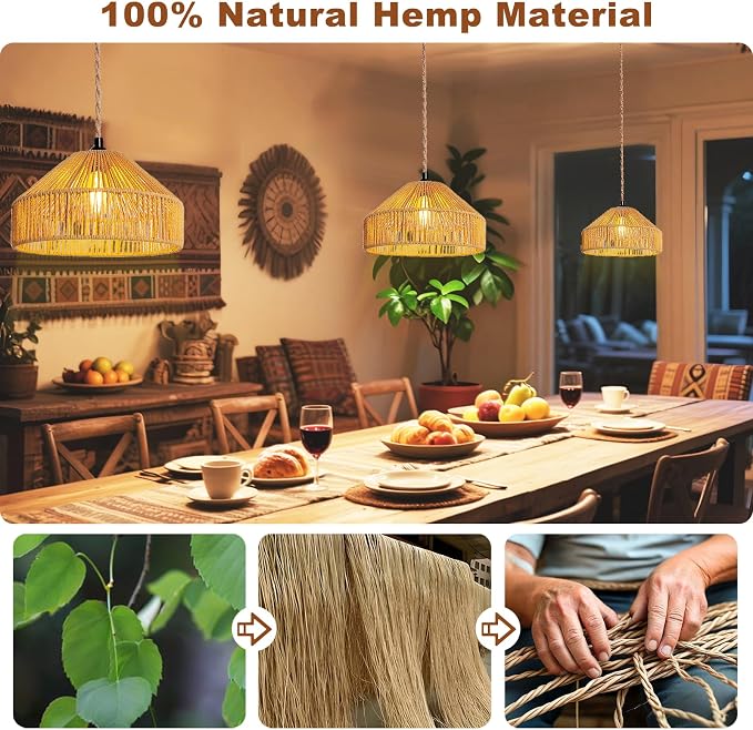 Maliralt Hanging Lamps Rattan Pendant Light Hanging Lights 16.4ft Plug in Cord Pendant Light Fixture Plug Into Wall Outlet Pendant Lighting with On Off Switch for Bedroom Living (Mongolian Yurt)
