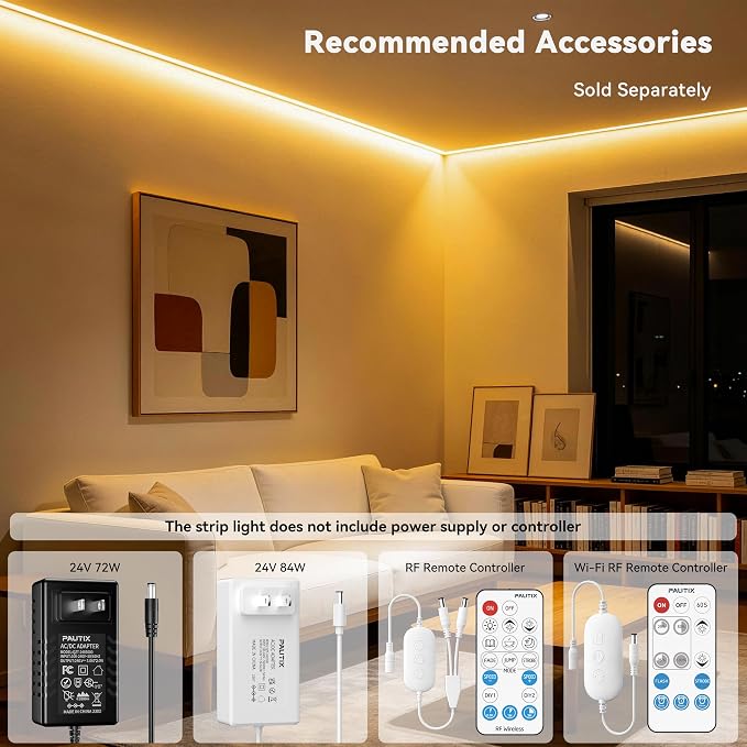 PAUTIX COB LED Strip Light 20ft/6.1m 3087LEDs Warm White 2000K CRI90+ High Lumen,DC24V Flexible LED Tape for Cabinet Home DIY Lighting Projects with 1pcs COB Connector Wire(Power Supply Not Included)