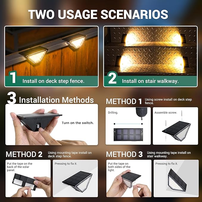 6 Pack Solar Step Lights for Outside, 24 LEDs Solar Stair Lights Waterproof IP65, Solar Deck Lights Outdoor Decor for Garden, Porch, Pathway, Patio, Fence, Balcony(Warm White)