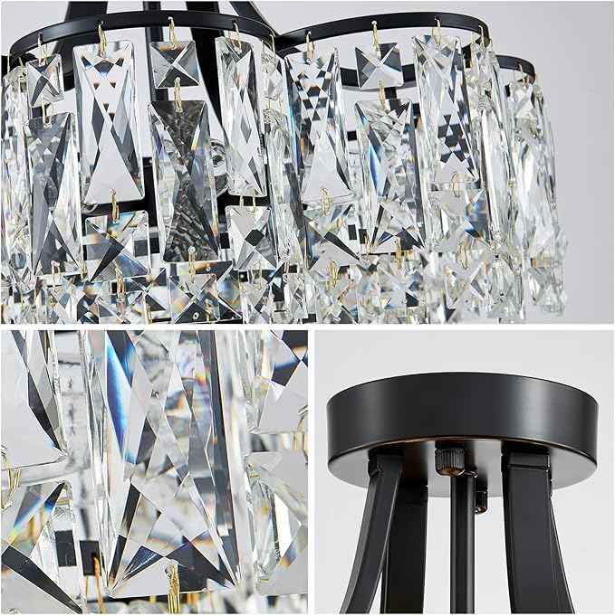 WUZUPS Crystal Chandelier Semi-Flushmount Ceiling Light Modern Lighting Fixture for Bedroom Hallway Entry Kitchen Bathroom, H 19.3" x W 18.3", E12 Base, Black
