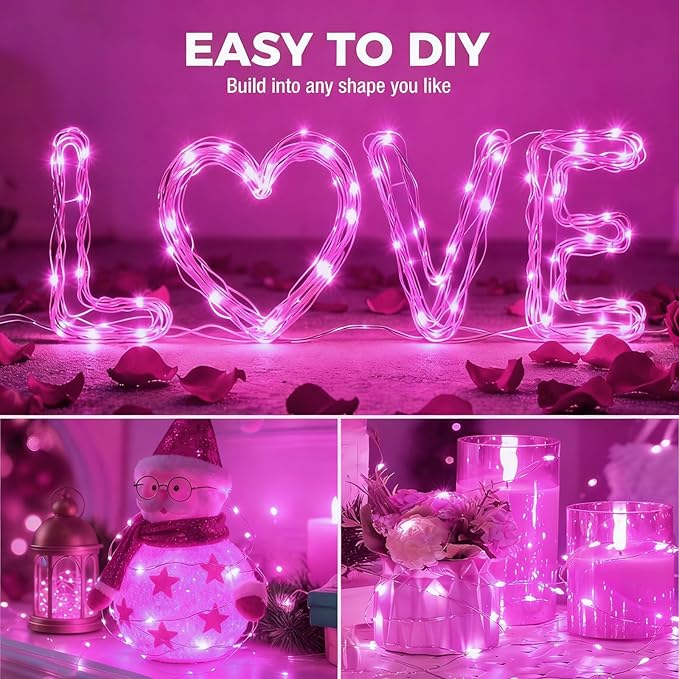 litogo 24 Pack 7FT 20 LED Fairy Lights Battery Operated, 3 Lighting Modes, Bulk Mini Twinkle String Lights Waterproof Silver Wire for Weddings Mason Jars Party Christmas Decorations-Pink