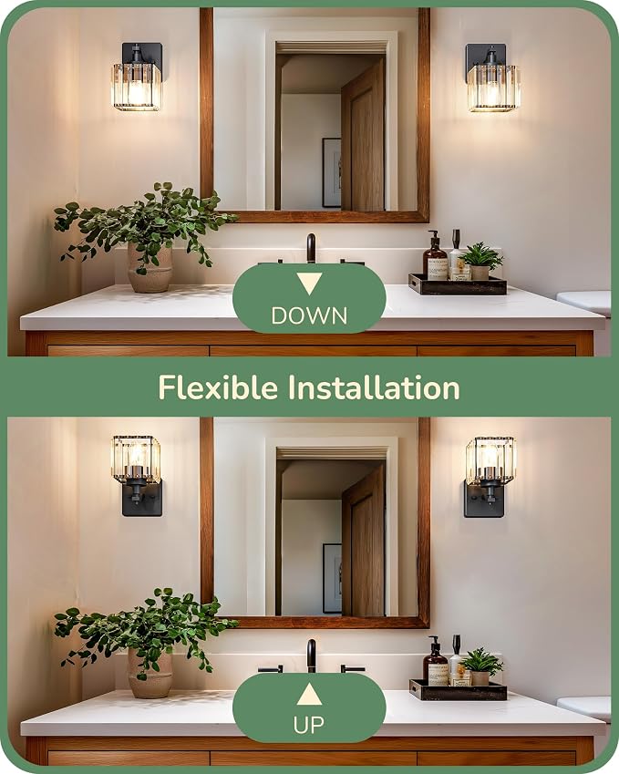 EDISHINE Hardwired Black Crystal Wall Sconces Set of 2, Modern Vanity Light | Reversible Up/Down Mounting, 1-Light, Rust-Resistant Metal, Indoor Lighting Fixtures Over Mirror, for Bathroom
