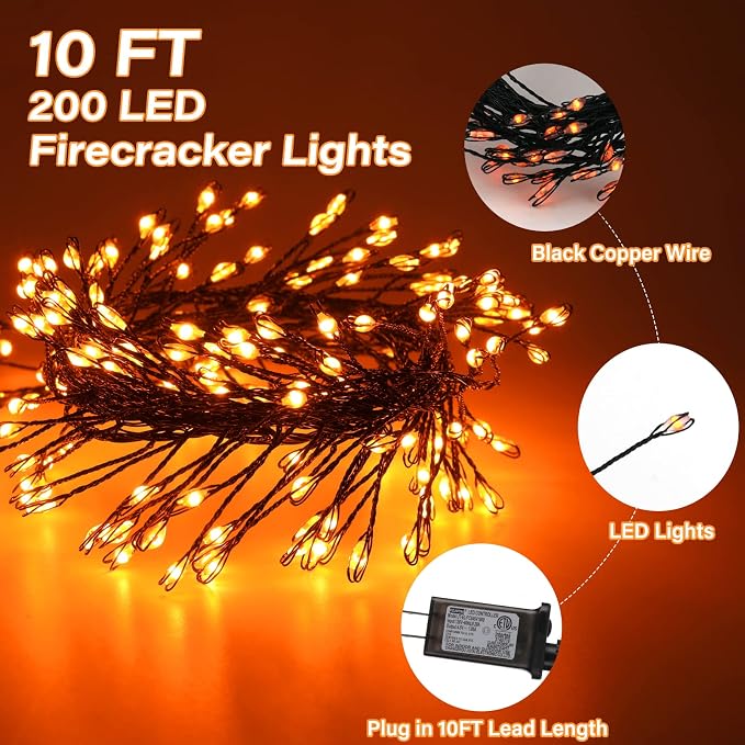 Halloween Fairy Lights Plug in, String Lights for Halloween Decorations | 10FT 200LEDs, 1 Pack with Remote, Orange, Waterproof Firecracker Lights for Ceiling Window Bar Haunted Theme Halloween Decor