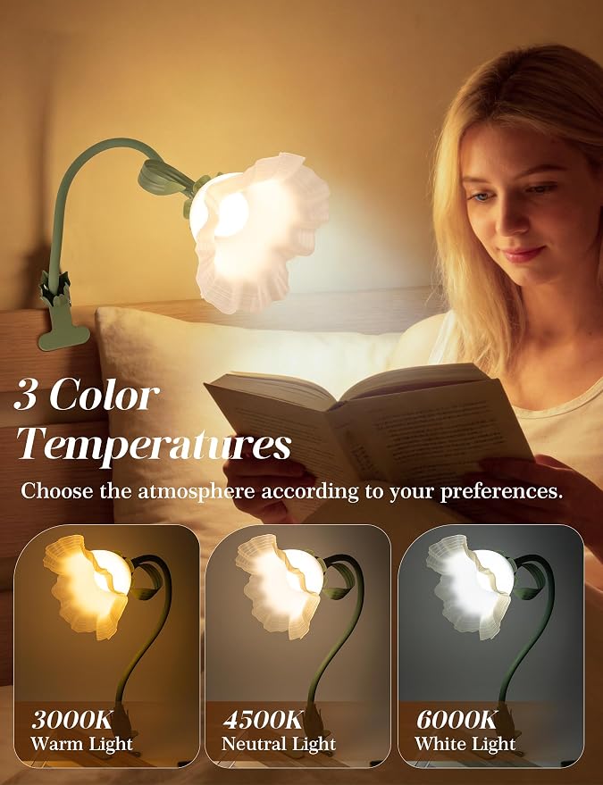 Flower Clip On Desk Lamp for Home and Dorm - Cute Floral Clip On Bedside Book Reading Light, Green Flower Bunk Bed Lighting, Kawaii Led Flexible Gooseneck Table Lamp for Headboard with Clamp