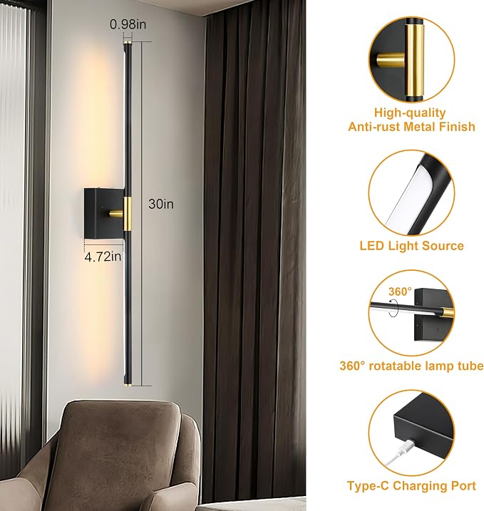 10000mAh Battery Operated Wall Sconces Set of 2, 3 Color Dimmable Rechargeable Wall Light with Remote, 30 Inch Black Gold Wireless Sconces Wall Decor with Timer Function for Living Room, Bedroom, TV