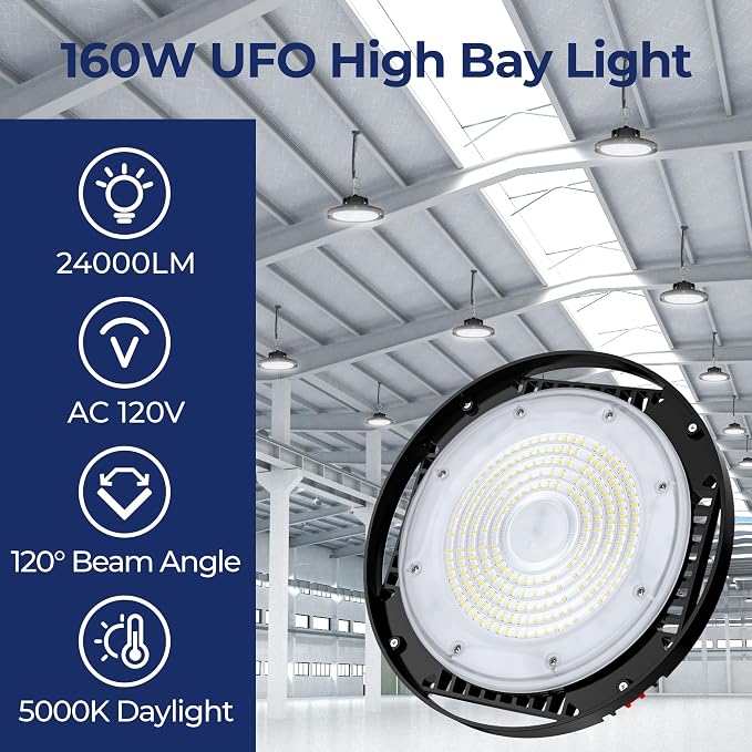 CINOTON 160W UFO LED High Bay Light, Aluminum LED Shop Lights with 24000LM, 5000K Commercial Bay Lighting for Warehouse Garage Workshop Factory Shed, 6' Cable & Safety Rope, ETL Listed 10 Pack
