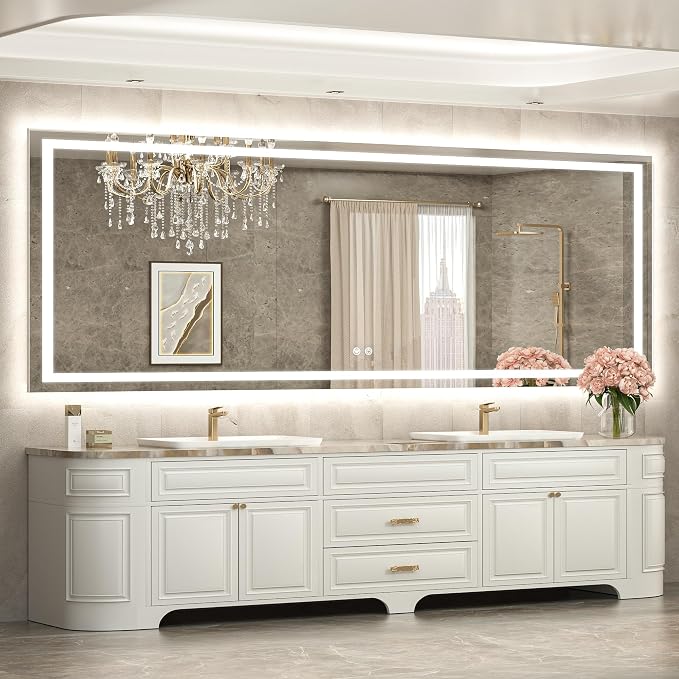 96 x 36 LED Lighted Bathroom Mirror with Lights Wall Mounted, Brighter Front and Backlit Led Vanity Mirror, 3-Color Dimmable Light up Anti Fog Mirror, Waterproof, Shatterproof Tempered Glass