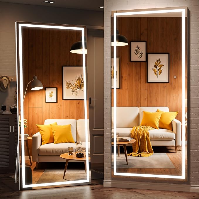 79" x 36" Full Length Mirror with Lights, LED Lighted Floor Standing Body Mirror, Dimmable & 3 Color Lighting for Bedroom, Cloakroom, Dressing Room, Tempered Glass, White Frame