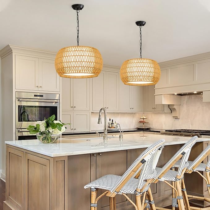 Farmhouse Chandelier Light Fixture,Rattan Boho Chandeliers for Dining Room,Large Pendant Lights Kitchen Island Hanging Light Fixtures Wicker Chandeliers for Bedroom Living Room Kitchen Nursery