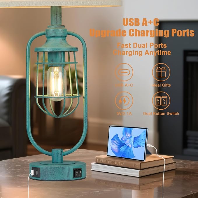 Table Lamps for Living Room End Table Set of 2, Farmhouse Lamps for Night Stands, Industrial Bedside Lamps for Bedroom with USB A+C, Bulbs Included