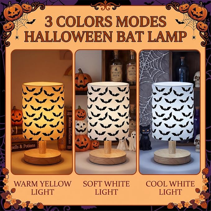 Bats Kids Table Lamp for Bedroom Kids Bedside Lamp with Linen Wooden Nightstand Cartoon Nursery Lampshade for Girls Boys Living Room