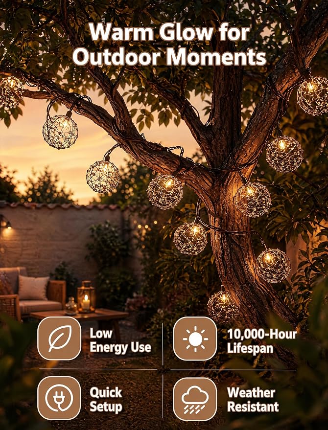 Outdoor Patio String Lights, 8.5FT 10 LED Beaded Copper Wire Ball Lights, Connectable Weather-Resistant Decorative Lights for Pergola, Porch, Bedroom, Backyard & Party