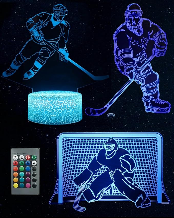 Ice Hockey Player 3D Illusion Night Light, 3 Patterns, Lamp Gift | 16 Color Changing, Dimmable, Touch & Remote Control, Room Bedroom Decor for Boy Girl, Birthday Christmas Toy Kid Teen