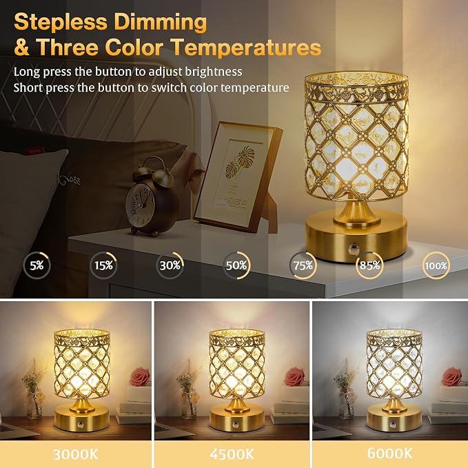 Gold Small Crystal Rechargeable Cordless Table Lamps Set of 2 | 6000mAh Battery, 3 Color Temps, Stepless Dimming, Touch Control, Portable Wireless Night Light for Bar Bedroom Living Room