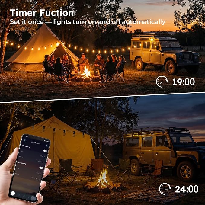 GvvooHome 100FT S11 LED Outdoor String Lights with App & Remote, Low-Voltage Patio Lights with Music Sync, 4 Lighting Modes, Dimmable, Waterproof LED Lights for Backyard, Porch, Garden, Deck, Party