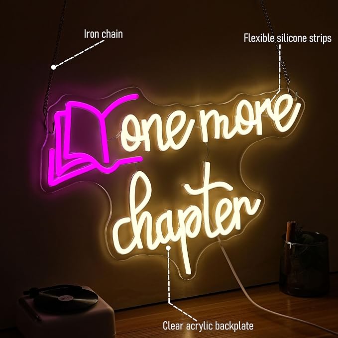 One More Chapter Neon Sign LED Neon Light Book USB Powered Reading Books Light Sign for Wall Decor Library School Classroom Office Coffee Business Bedroom(11.42 * 16.54In)