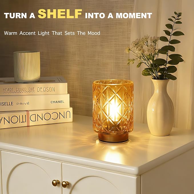 ULAROOM Battery Operated Table Lamp with Timer for Bookshelf/Bedside,Cordless Small Cozy Ambience Decorative Glass Lamps for Nightstand/Dorm/Office Cubicle/Desk/Counter Table Decor(Golden)