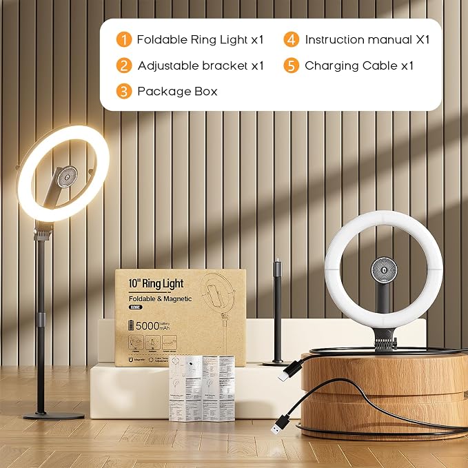 10" Magnetic Ring Light Overhead Camera Phone Mount, XINBAOHONG LED Selfie Light with Stand and Phone Holder, Rechargeable Desk Light for Video Recording（Standing）