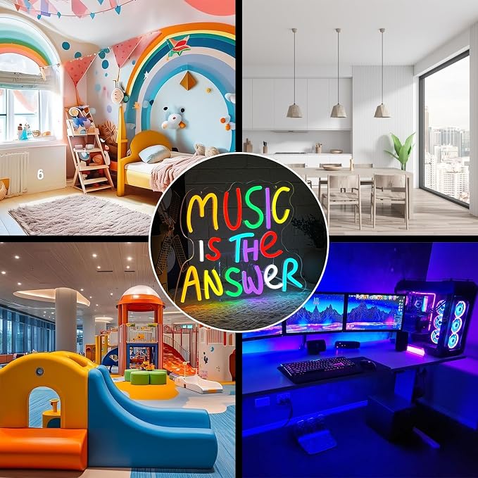 Music Is The Answer Neon Sign for Wall Decor Live Music Neon Light Colorful Letter Neon Light Sign Dimmable LED Word Light Sign for Studio Concert Home Party Bar Kidsroom Bedroom