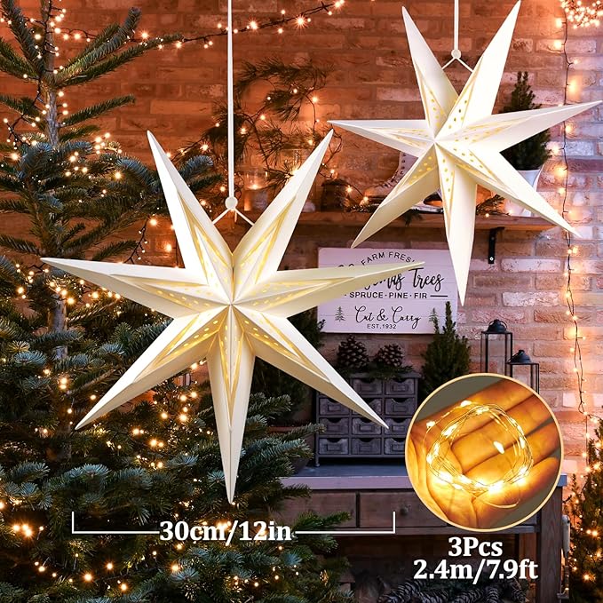 SUNBEAUTY 7-Pointed 12Inch Hollow Out Paper Star Lanterns White Christmas Lanterns Hanging Lamp Paper Decorations Shade Wedding Birthday Christmas Home Party Decorations