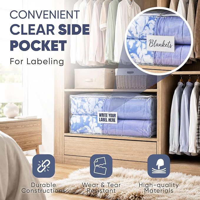 Masirs Clear Blanket Storage Bag (2-Pack) - Vinyl Clothing Organizers with Zipper & Label Pocket - Protects from Dust, Moisture & Dirt - Ideal for Underbed Storage Sheets, Comforters & Bedding