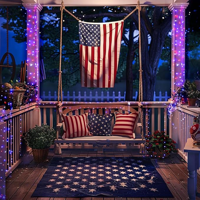 JMEXSUSS 4 Pack 50LED Red White Blue Fairy Lights Battery Operated, 16ft Battery Powered 4th of July Fairy Lights, Indoor Patriotic Lights for Independence Day 4th of July Decorations
