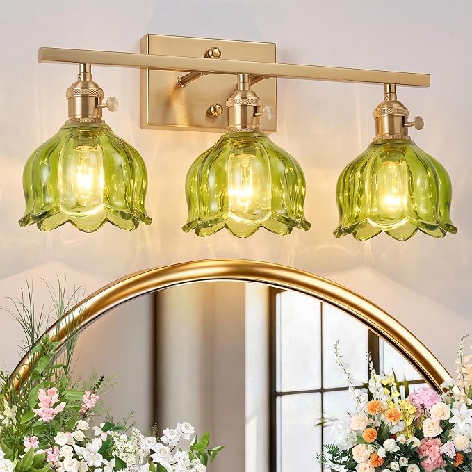 3-Light Vintage Bathroom Vanity Light, 19.4" Brass Hardwired Wall Sconce with Amber Tulip Glass Shades, Brushed Gold Vanity Light for Mirror, Restroom, Bedroom (Green, 3-Light)