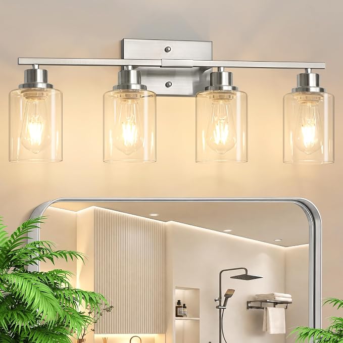 Ascher 4 Light Bathroom Light Fixture, Brushed Nickel Bathroom Lighting Fixtures Over Mirror, Vanity Light with Clear Glass Shade, Wall Sconce for Living Room Bedroom Cabinet, E26 Base