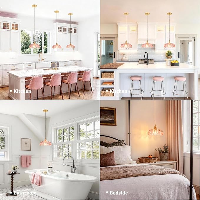 Shenmoyl Pendant Light with Pink Scindapsus Glass Lmapshade, Brass Vintage Pendant Light Adjustable Hanging Light for Kitchen Island Dining Room Hallway
