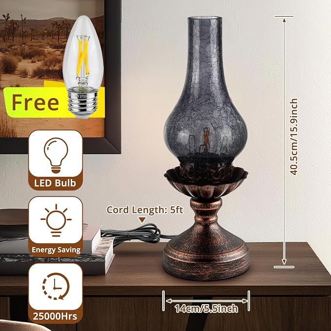 Vintage Table Lamp with Smoke Grey Crackle Glass Shade,Touch Control & 3-Way Dimmable Rustic Retro Farmhouse Bedside Lamp for Bedroom, Living Room, Cabin, Office (2700K LED Candle Bulb Included)