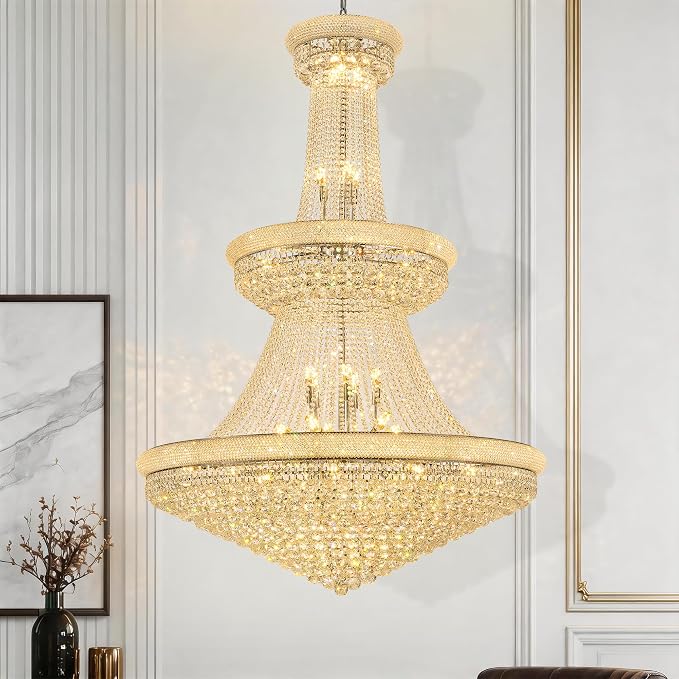 42-Lights Large Crystal Chandelier 48-Inch Modern Light Fixture - High Ceiling Foyer Lighting Fixtures Ceiling Empire Chandelier - Entryway, Dining Room, LED Chandelier 42 Bulbs Included, Silver