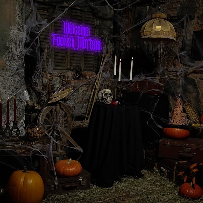 Welcome Foolish Mortals Neon Sign, Anime Fans Neon Light Spooky Gothic Haunted Mansion LED Coffin Decor USB Powered, for Horror Party Haunted House Man Cave Home Room Themed Bars(16.1 * 9.4 In)