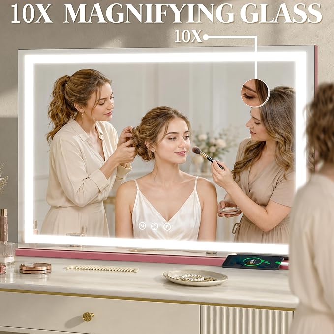 FENNIO Large Vanity Mirror with Lights，40" x 28"Makeup Mirror with Lights，Hollywood Mirror with 3 Color Modes & Adjustable Brightness，Vanity Mirror Square Pink