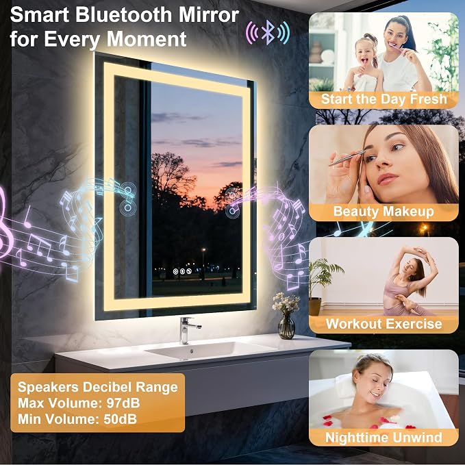 24"x32" LED Bathroom Mirror with Lights,Bluetooth Dual Speaker | Anti-Fog,3 Color Temperature,Dimmable Brightness,Memory Function,Waterproof,Wall Mount Design,Tempered Glass