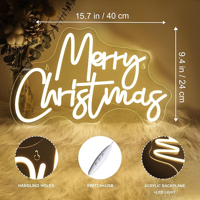Merry Christmas Neon Sign, Warm White Christmas Neon Signs for Wall Decor, Dimmable Switch Neon Sign with Acrylic Board, Art Wall Decorative Night Light for Indoor Party Kids Bedroom Wedding Bar Pub Club Decor