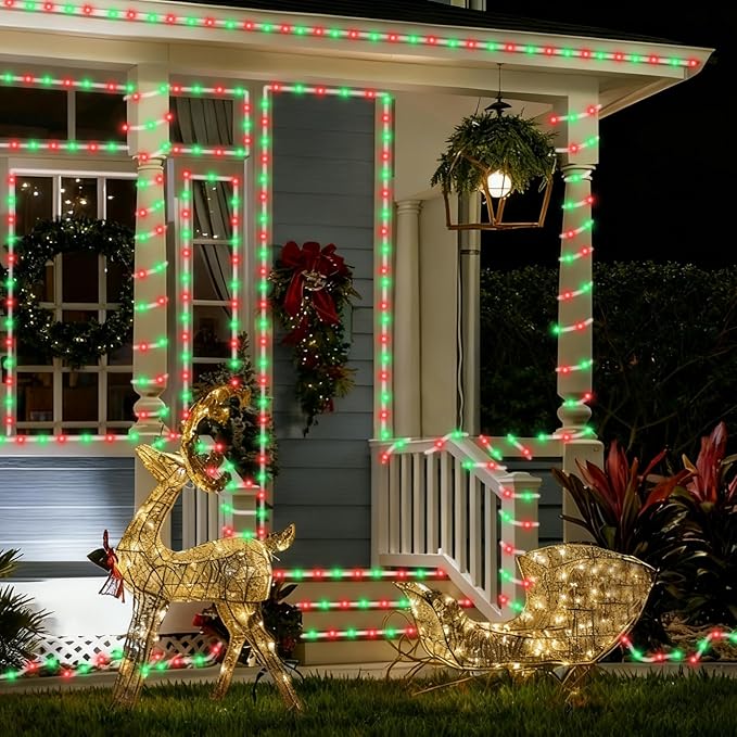 YEGUO Solar Rope Light Outdoor Waterproof, 66ft 200 LED Red and Green String Lights, 8 Modes Tube Christmas Lights in Clear Thin Tube